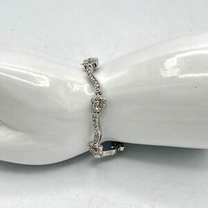 Silver Tone Floral Wave CZ Crystal Link Bracelet‎ Box Clasp 7.5 inch